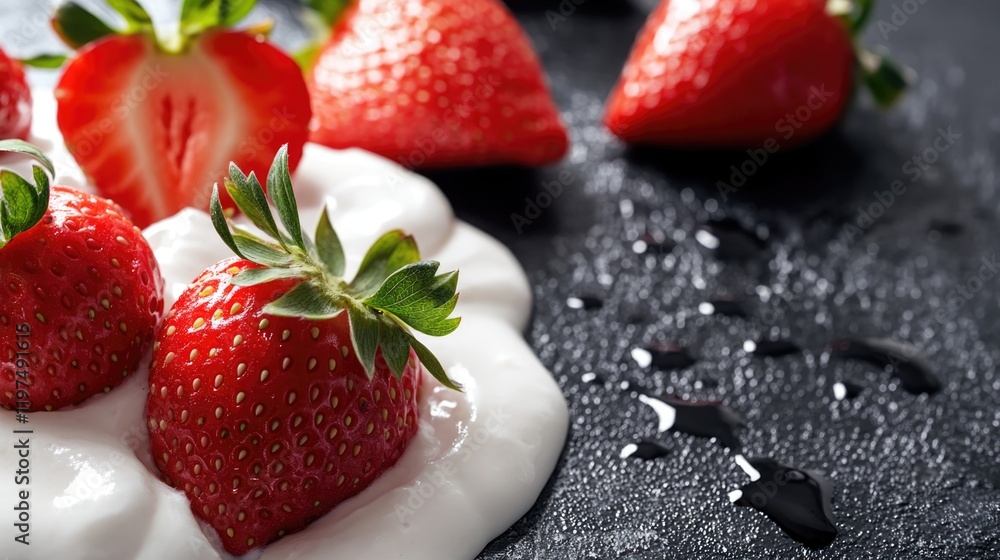 Poster fresh strawberries with cream on dark stone background featuring water droplets and ample copy space