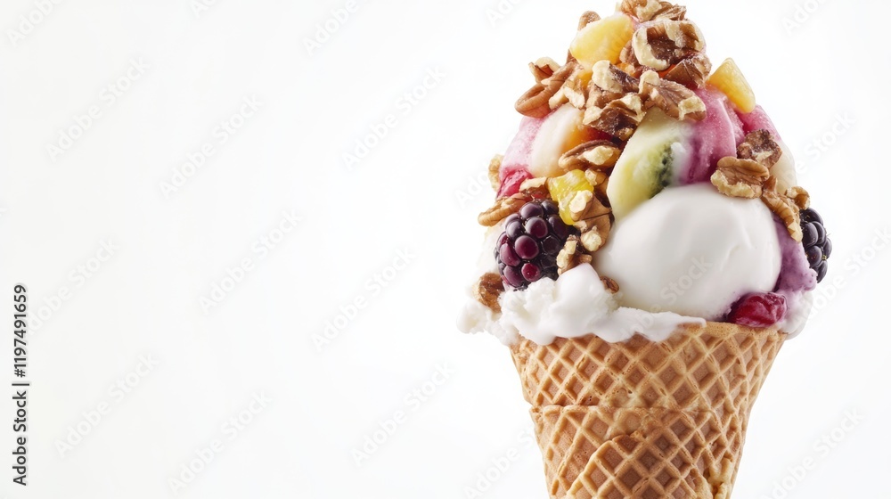 Poster delicious ice cream cone topped with mixed fruits and nuts against a white background with ample cop