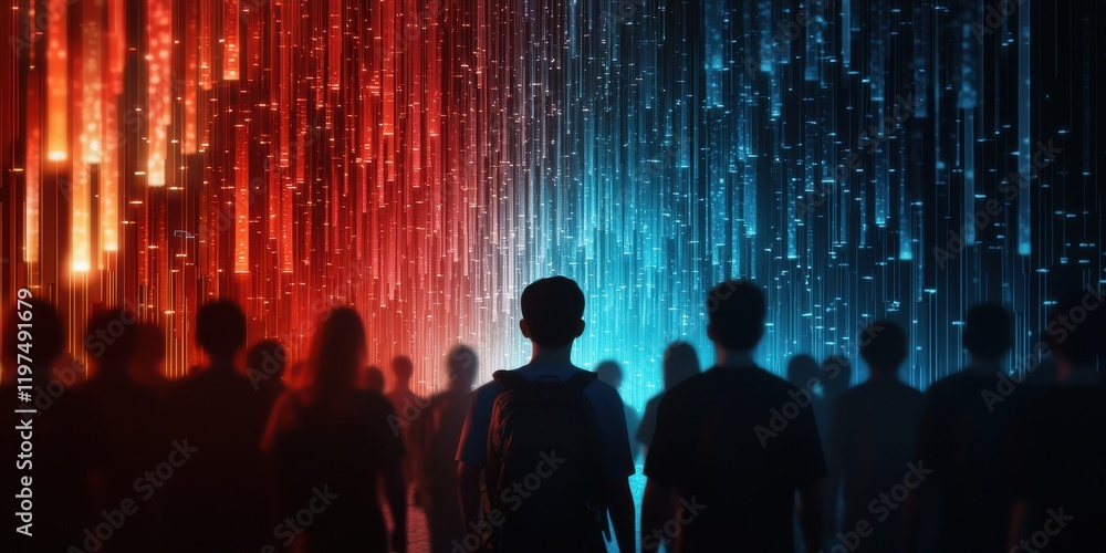 Poster a group of silhouetted figures stands before cascading streams of red and blue light, creating a dra