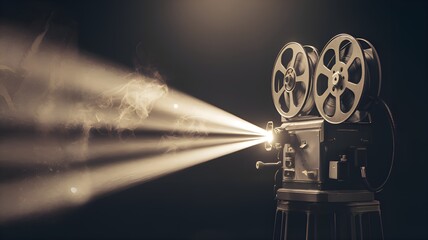 Vintage film projector casting light beam in a smoky dark room. Retro cinema equipment, classic movie atmosphere, nostalgic filmmaking, and storytelling concepts in timeless style.