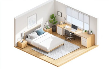 An isometric design of a minimalist bedroom for young professionals, showcasing a desk, bed, wood flooring, and a bright window. 