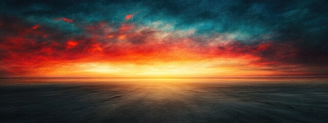 Dramatic sunset over calm ocean with vibrant colors and cloud formations featuring ample Copy Space for text placement