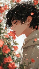 Beautiful anime in a floral dress with a spring bouquet, smiling with nature's love