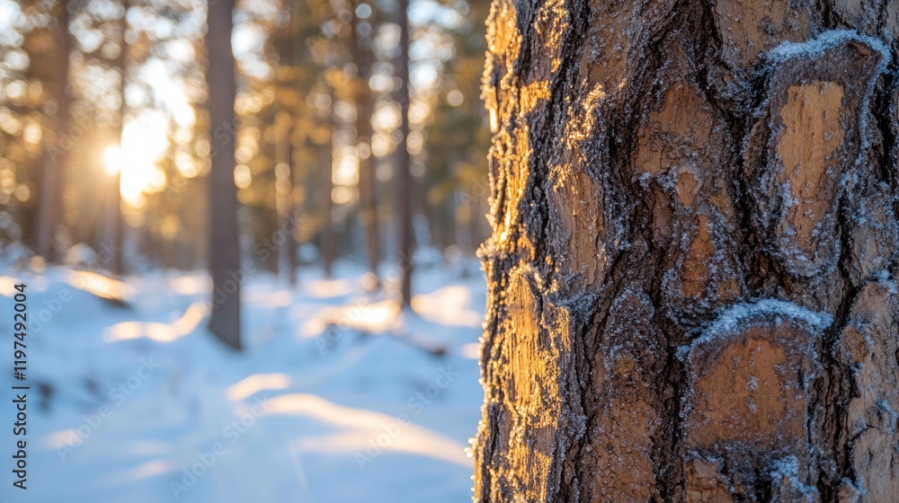 Poster frosty tree bark in a winter forest at sunset with blurred background and copy space for text placem