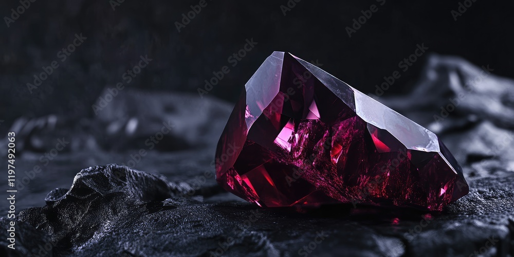 Aufkleber ruby gemstone close-up on dark textured background with natural light reflections and shadows copy s