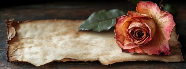 Old paper scroll with dried rose flower and green leaf on rustic wooden background, Copy Space for text.