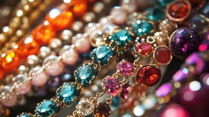 Colorful collection of stylish jewelry featuring gemstones and beads against a blurred background with ample Copy Space for text placement.