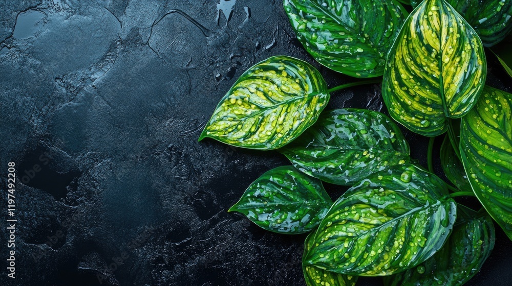 Poster lush green leaves with vibrant patterns on a dark textured background featuring ample copy space for