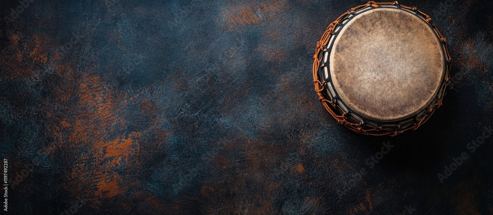 Poster rustic drum on a textured dark blue and brown background with ample copy space for text insertion
