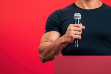 A close-up of a muscular arm holding a microphone in front of a vibrant red backdrop, suggesting a public speaking or presentation scenario.