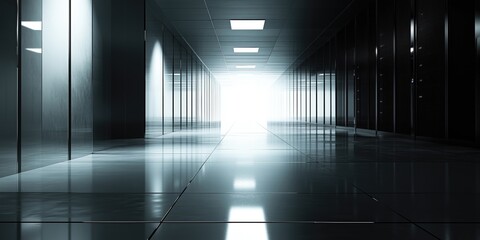 A dimly lit server room with glossy tiles and rows of servers, creating a futuristic atmosphere.