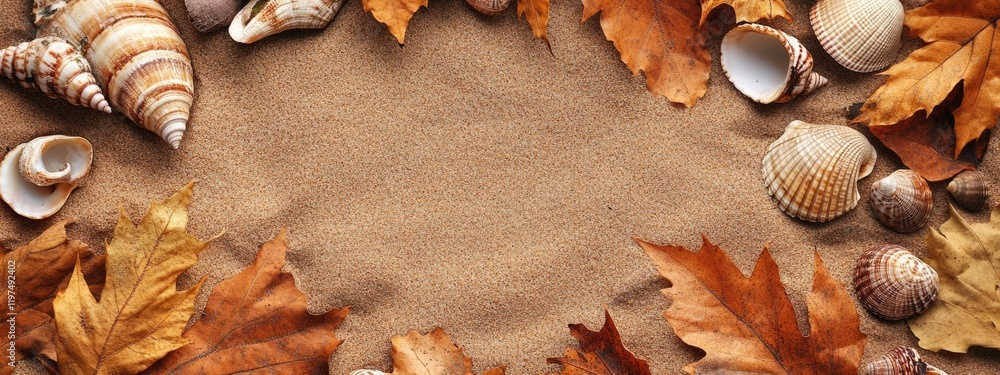 Poster autumn leaves and seashells arranged on sandy background with copy space for text or design.