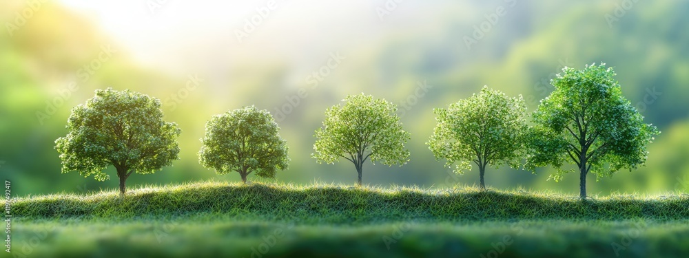 Poster green trees on a hillside with a soft blurred background depicting a lush natural environment with c