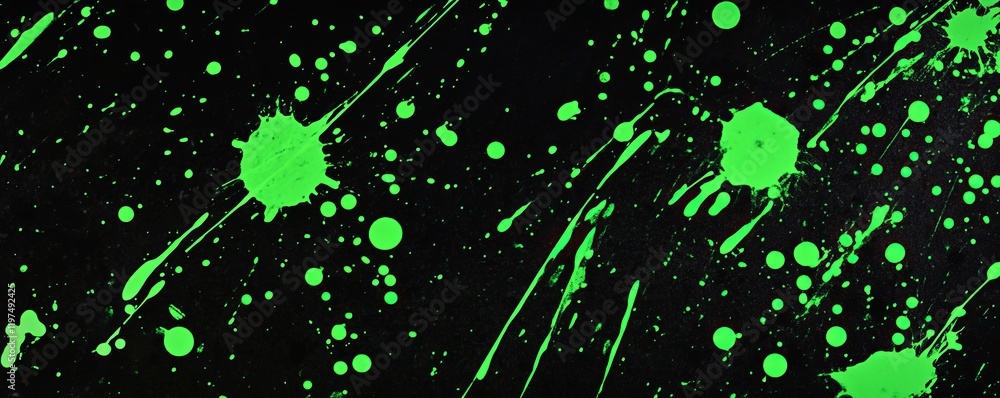 Poster neon green paint splashes on black canvas, vibrant splashes and dots create a dynamic visual contras