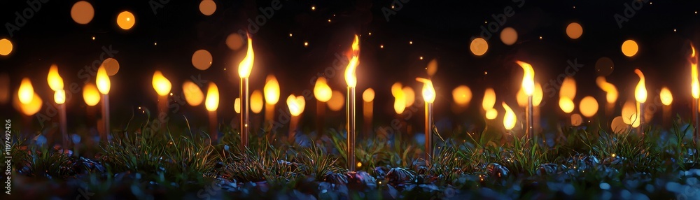 Poster a serene scene of flickering candles illuminating a dark space, creating a warm and tranquil atmosph