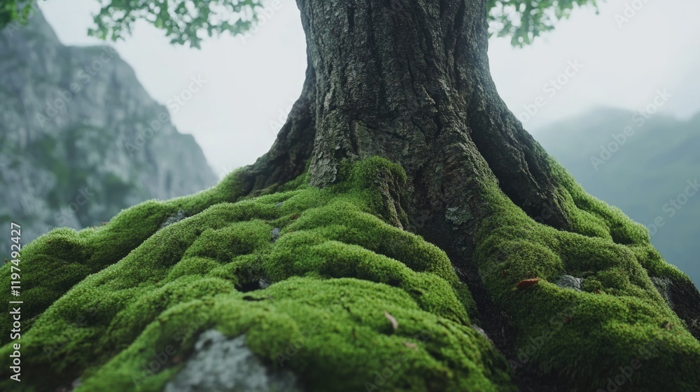 Poster moss-covered tree roots in a serene mountainous landscape with soft focus copy space for text placem