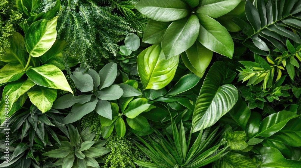 Poster lush greenery background featuring various types of leaves with copy space for text inclusion