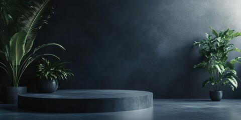 Minimalist indoor scene featuring dark textured walls, round pedestal, and lush green plants in pots with ample copy space.