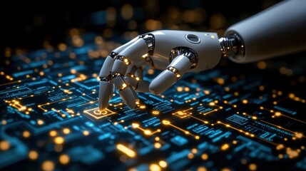 Robot hand touches illuminated circuit board futuristic design Generated AI