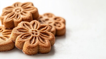 Decorative flower-shaped cookies on a white background with copy space for text. Ideal for bakery, dessert, or culinary-themed projects.