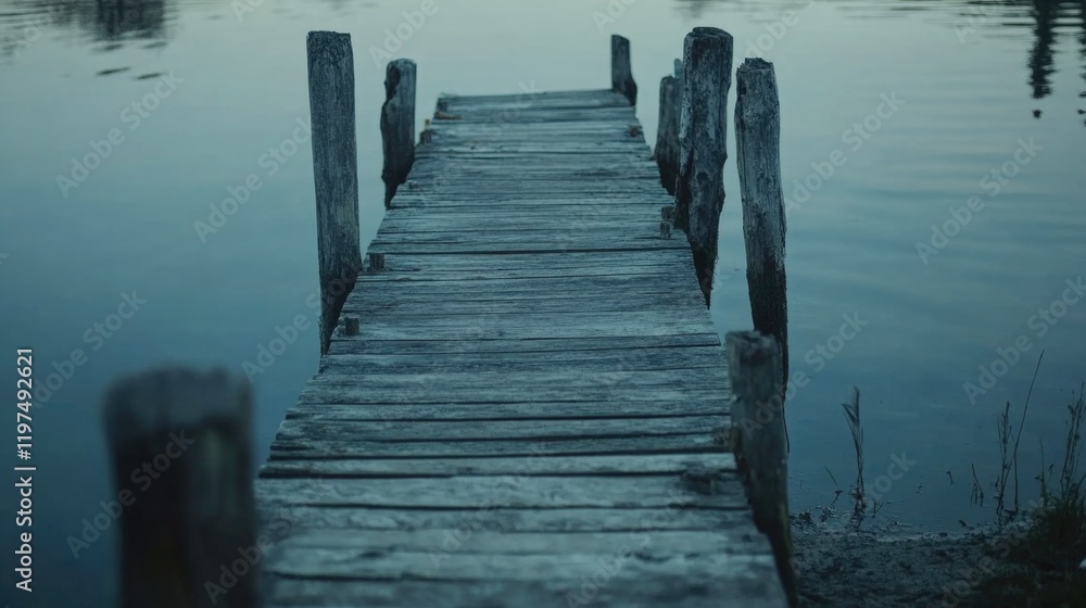 Poster Wooden dock extending into serene water under soft lighting with calm reflections and smooth water surface, featuring ample Copy Space.