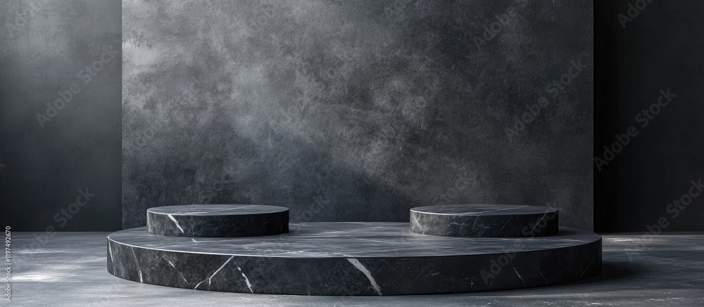 Poster modern minimalistic stage platform with round stone pedestals on dark textured background and ample 