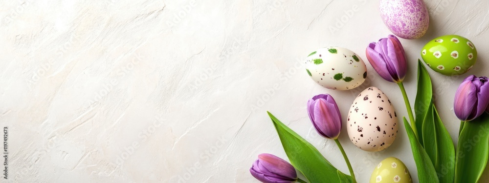 Poster easter eggs and purple tulips on light textured background with copy space for text or design elemen