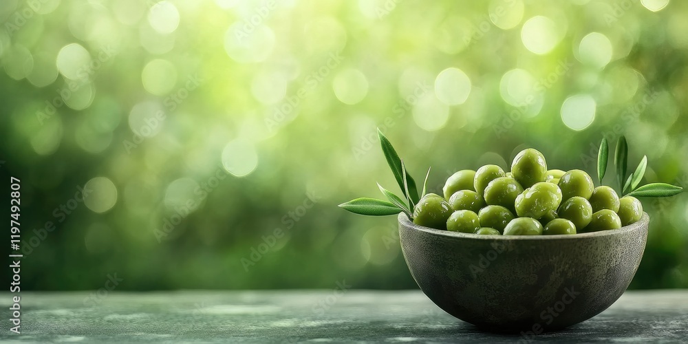 Poster green olives in a rustic bowl with fresh leaves on a blurred green background with bokeh effects fea
