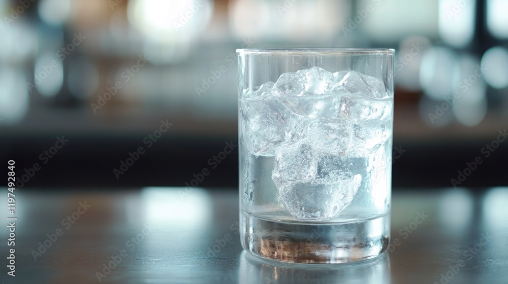 Poster crisp cool beverage served in a glass filled with ice cubes on a reflective surface with blurred bac