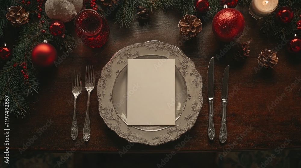Poster elegant christmas dining table setting with decorative elements and blank card for copy space. ideal