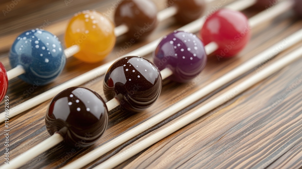 Poster colorful decorative balls on wooden skewers with a rustic background and ample copy space for text p