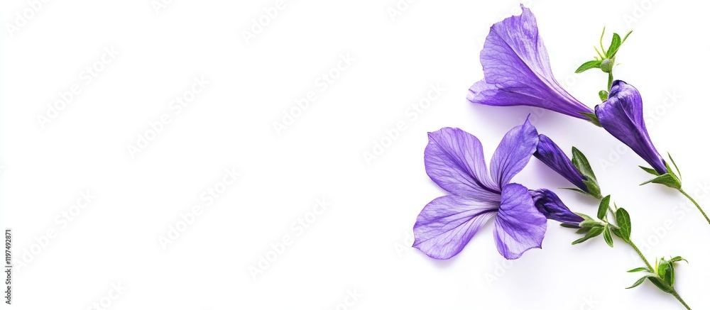 Poster delicate purple flowers with green leaves on a white background suitable for background use with amp
