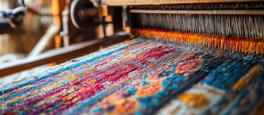 Aufkleber traditional loom weaving process showcasing colorful threads and intricate patterns with ample copy 