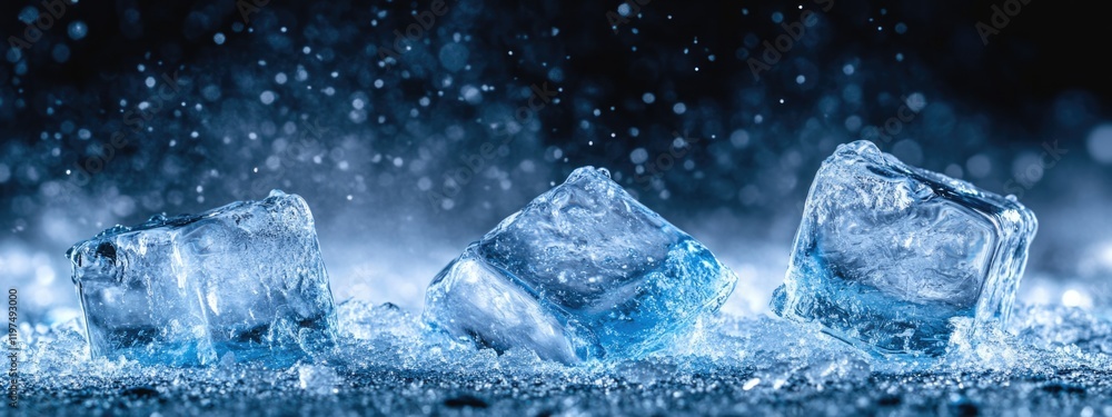 Poster ice cubes splashing in water with droplets against a dark background copy space