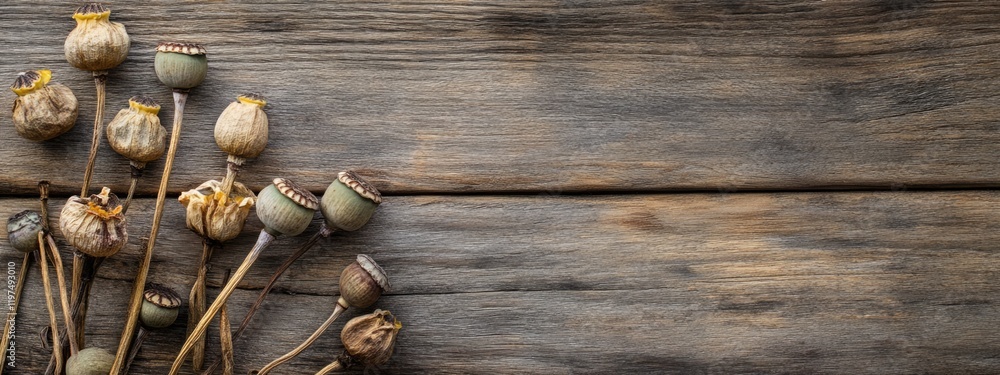Poster dried poppy seed pods arranged on a rustic wooden surface with copy space for text insertion