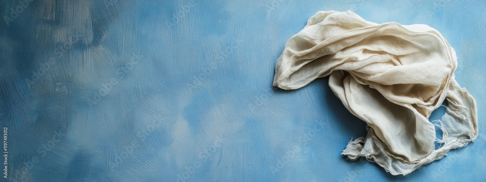 Poster textured white fabric draped on a blue background with ample copy space for text placement