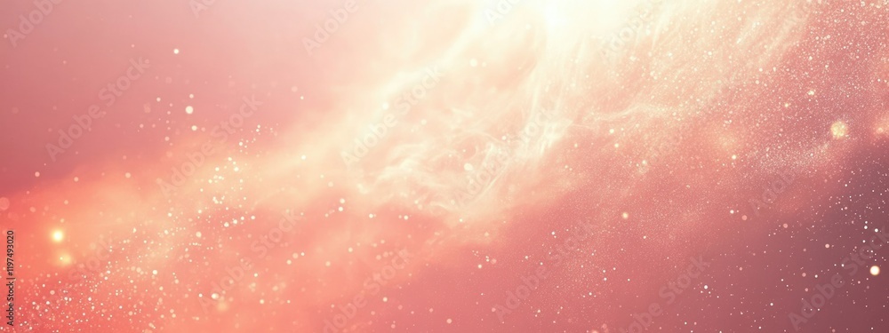 Poster abstract cosmic background with soft pink and orange hues featuring glowing particles and light effe
