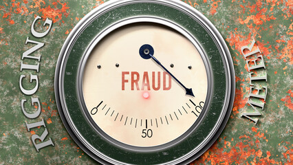 Fraud and Rigging that is hitting a full scale, showing a very high level of fraud, overload of it, too much of it. Maximum value, off the charts.  ,3d illustration
