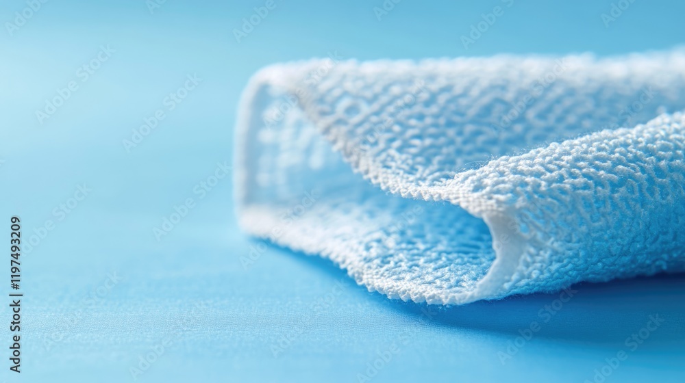 Poster soft blue towel on a smooth surface with copy space for text or branding use
