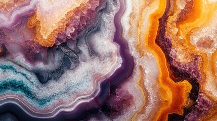 Obraz premium Abstract colorful agate stone surface with veins of purple, orange, and white, featuring rich textures and Copy Space for overlay text.