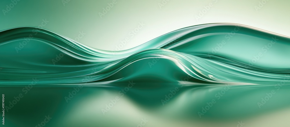 Poster abstract green fluid wave patterns with smooth gradients and reflective surface copy space