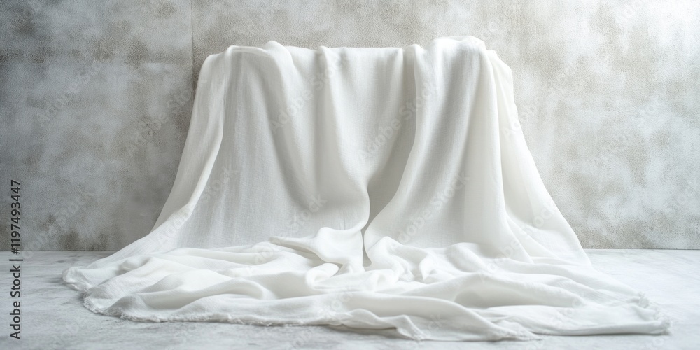 Poster white fabric draped elegantly over a textured surface with gentle folds and copy space for text or d