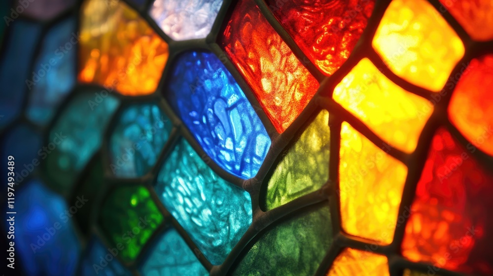Poster vibrant stained glass window with colorful geometric patterns showcasing vivid hues and textures wit