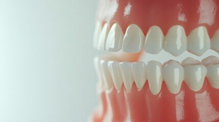 Obraz premium Human teeth model showcasing upper and lower dental arches with realistic details and Copy Space for educational dental content.