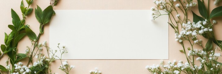Empty mock up space surrounded by greenery and delicate flowers for creative design projects. Generative AI