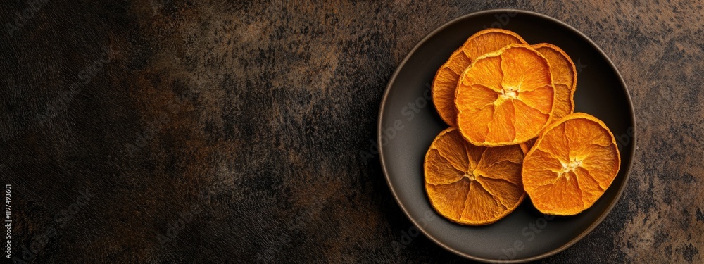 Poster dried orange slices on a dark plate with rustic background and ample copy space for text placement