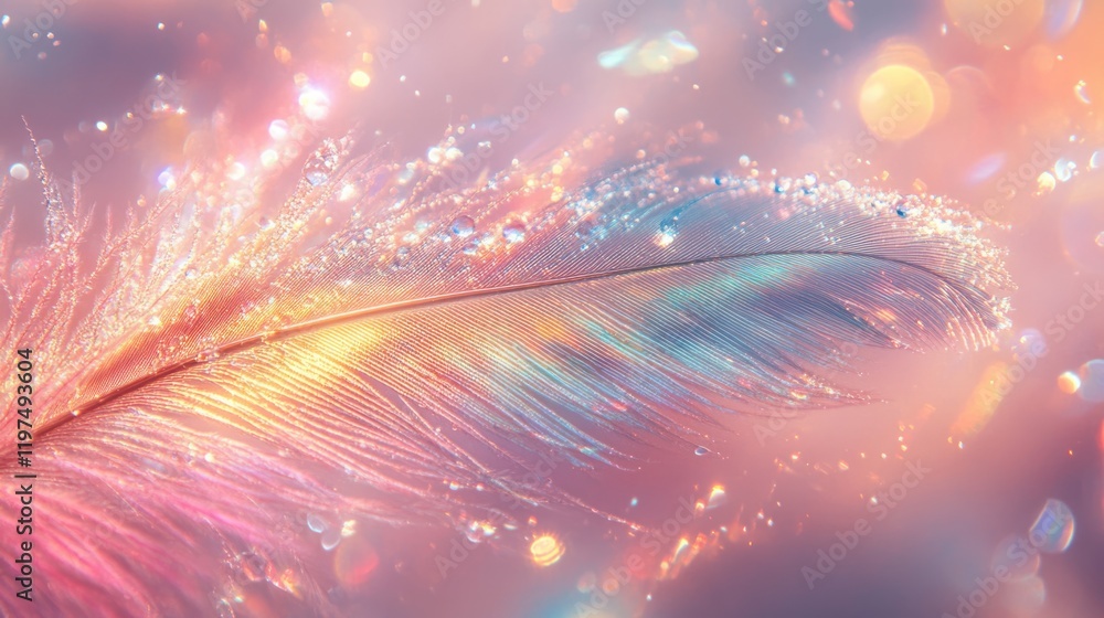 Poster colorful iridescent feather with sparkling bokeh background and soft pastel tones ideal for creative