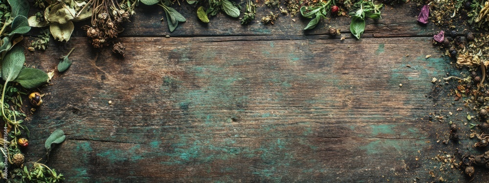 Poster wooden surface with dried leaves and flowers arranged around edges creating a natural frame copy spa