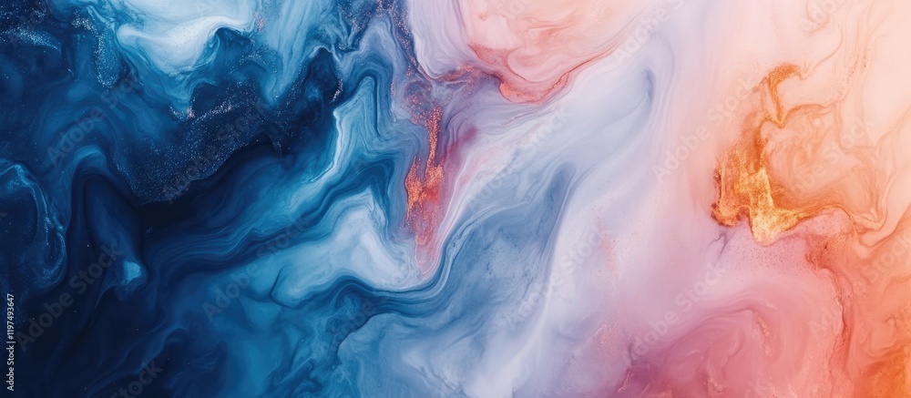 Poster abstract fluid art background in blue, pink, and orange tones with swirling patterns and soft textur