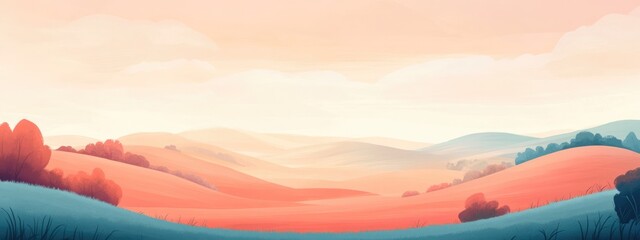 Colorful abstract landscape illustration with rolling hills and soft gradients in pastel shades featuring ample copy space.
